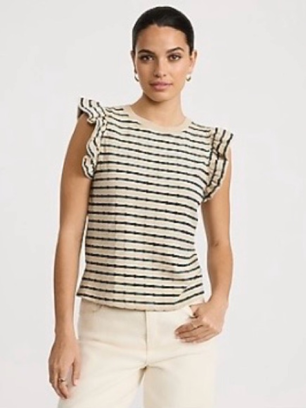 Express Striped Ruffle Sleeve Tank Top — Cream & Black